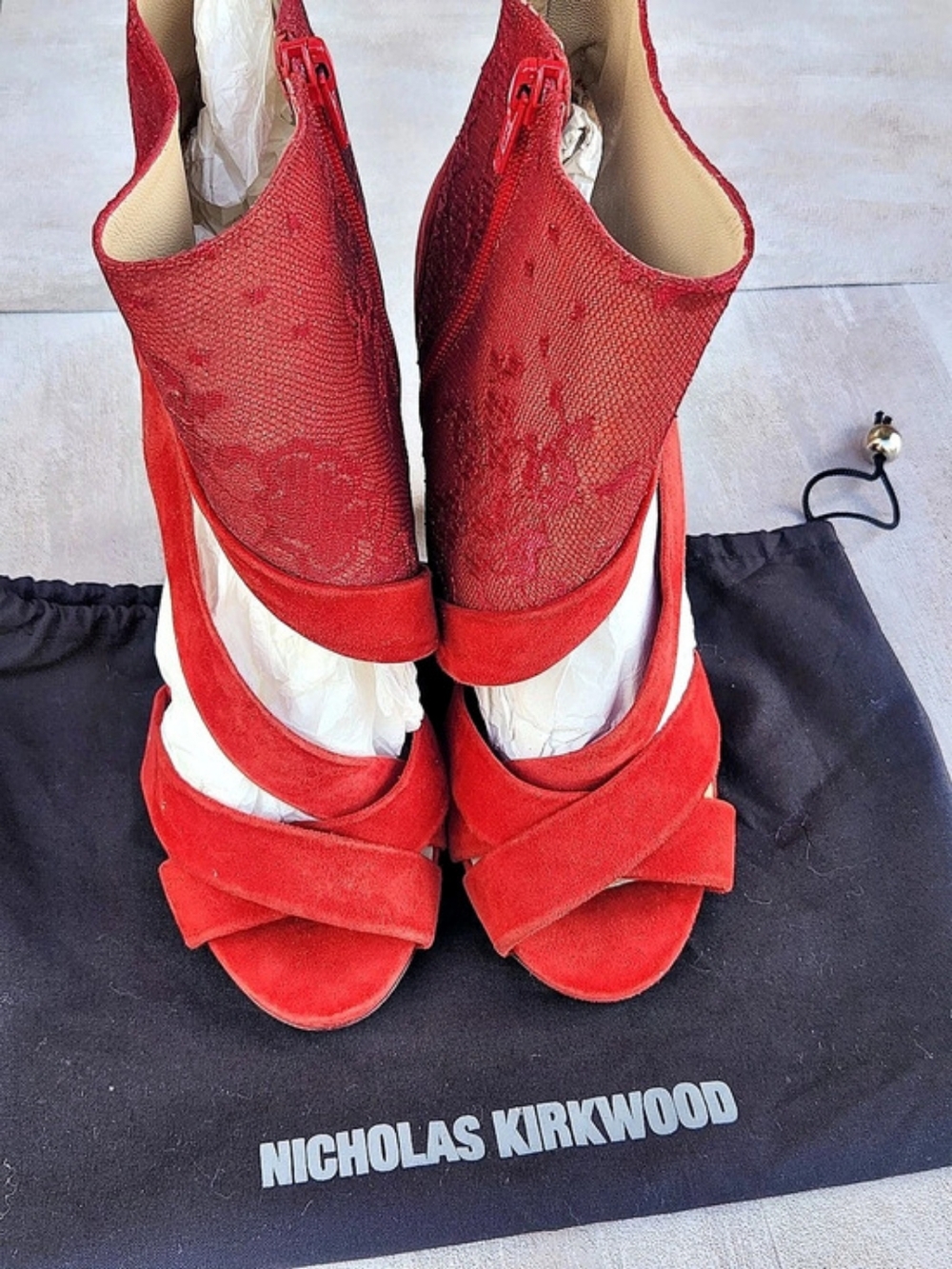 Nicholas Kirkwood Red Floral & Suede Lace-Up Heels LIKE NEW